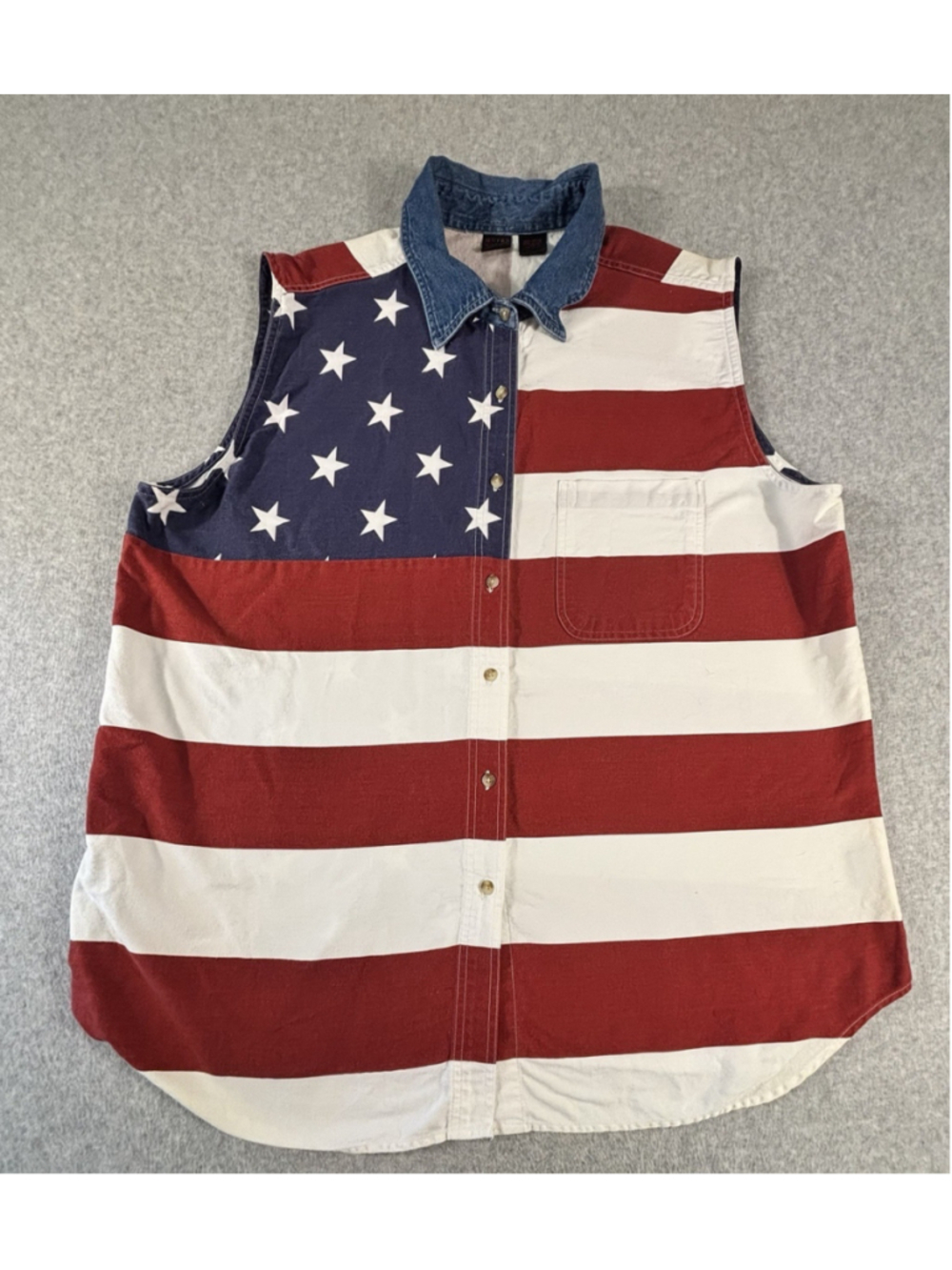 Vintage Quizz Woman American Flag Sleeveless Button Front Shirt Vest Size 22